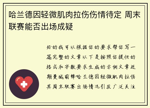 哈兰德因轻微肌肉拉伤伤情待定 周末联赛能否出场成疑