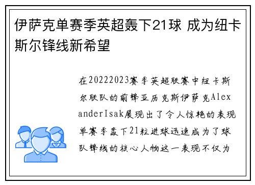 伊萨克单赛季英超轰下21球 成为纽卡斯尔锋线新希望