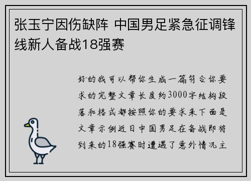 张玉宁因伤缺阵 中国男足紧急征调锋线新人备战18强赛